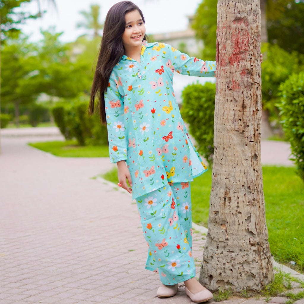 Graceful Green Butterfly Floral Print Co-Ord Set