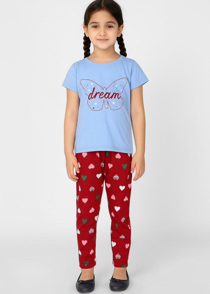 Girl  Aqua Blue T-Shirt With Red Butterfly  Night Suit
