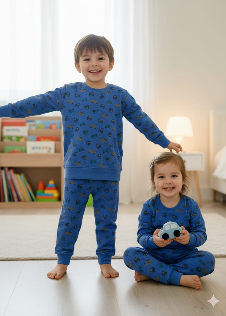 Toddler Siblings in Cozy Vehicle Print   Track suit