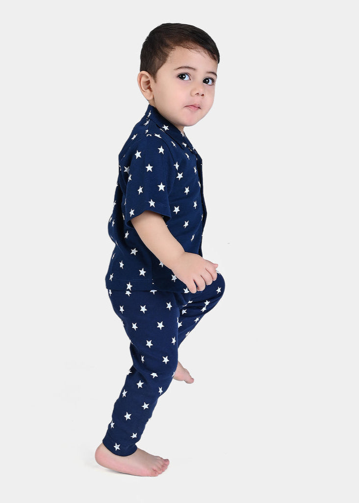 Boys Cotton Jersey Knitted Night Suit Stars-NAVY