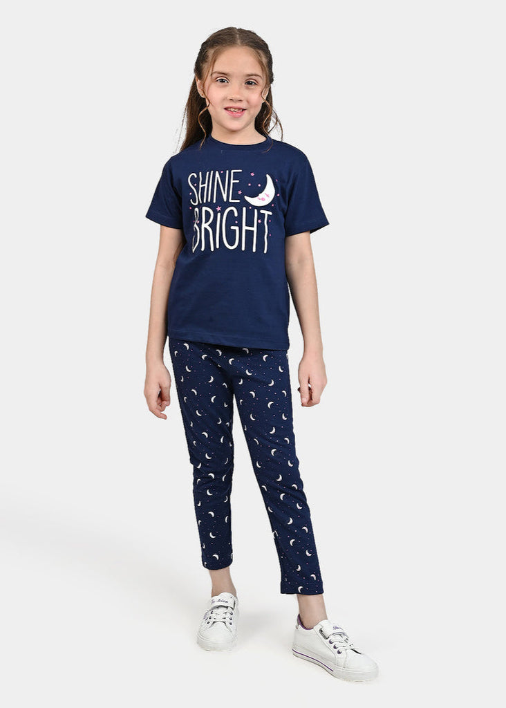Girls  Cotton Jersey Night Suit Shine Bright-Navy Blue