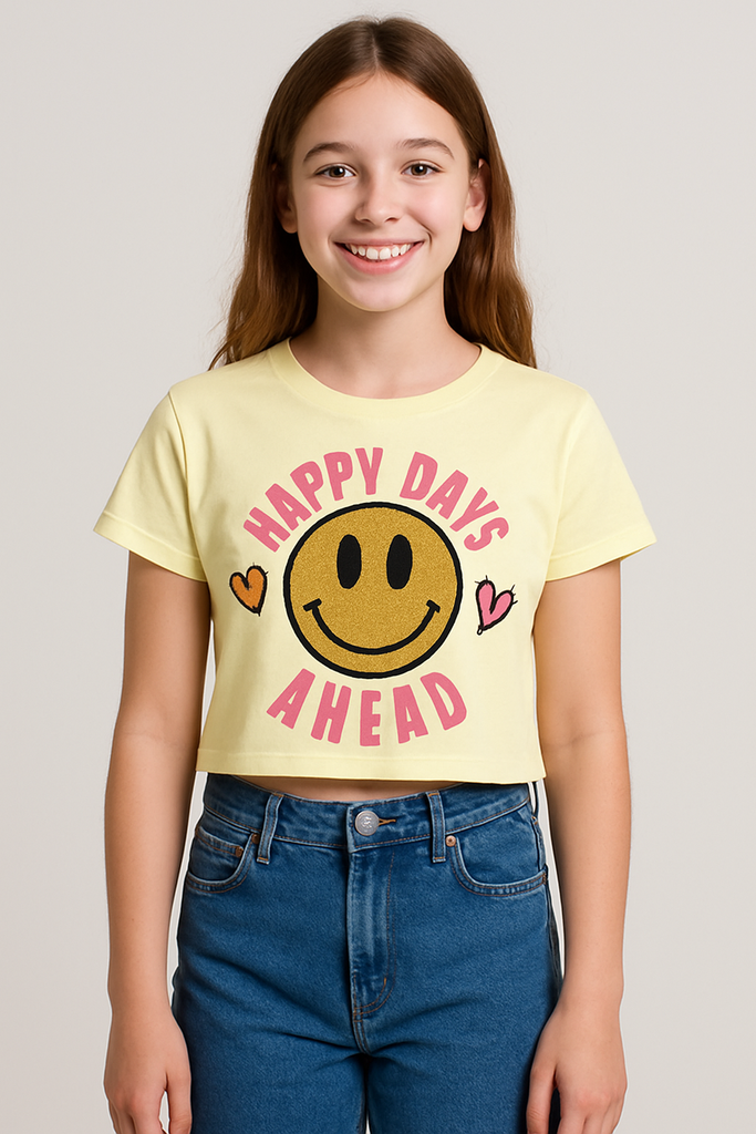 Teen Girls yellow Cotton Jersey Happy days yellow -Emoji Crop -top (Imported Material)
