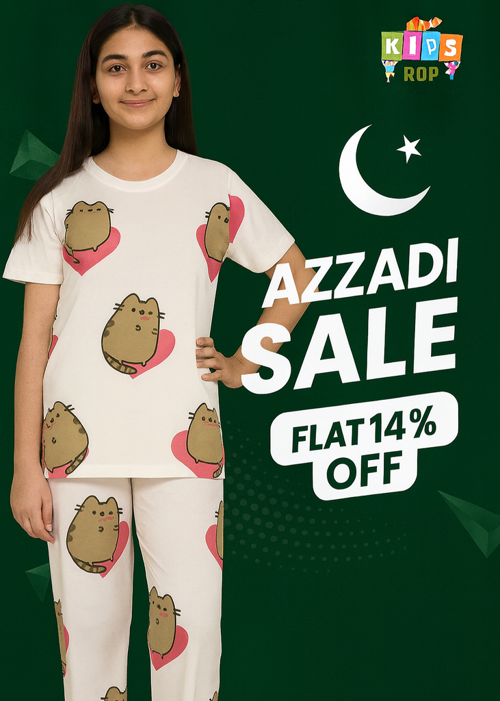 Girls Pusheen Cat & Heart Print Nightwear Set – Soft Cotton