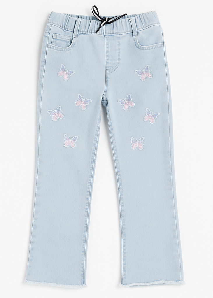 Girls Light Blue Denim Pants with Butterfly Embroidery  ( Imported and Original)