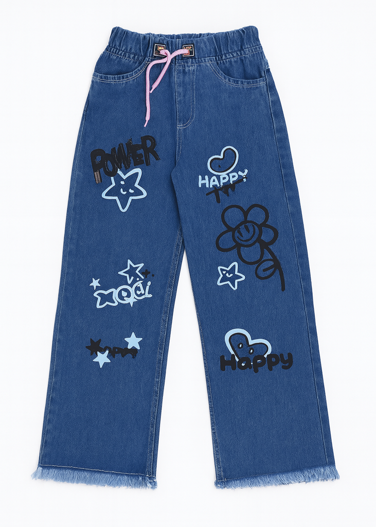 Stylish Girls Jeans with Flower & Star Design