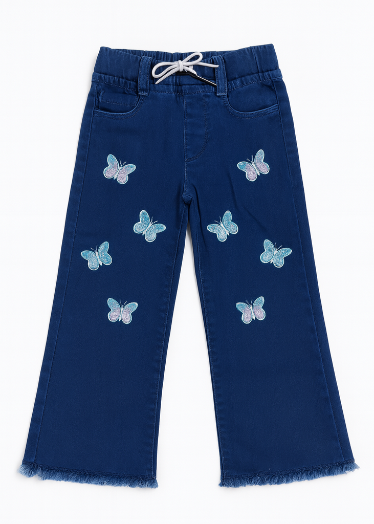 Girls Navy Blue Denim Pants with Butterfly Embroidery  ( Imported and Original)