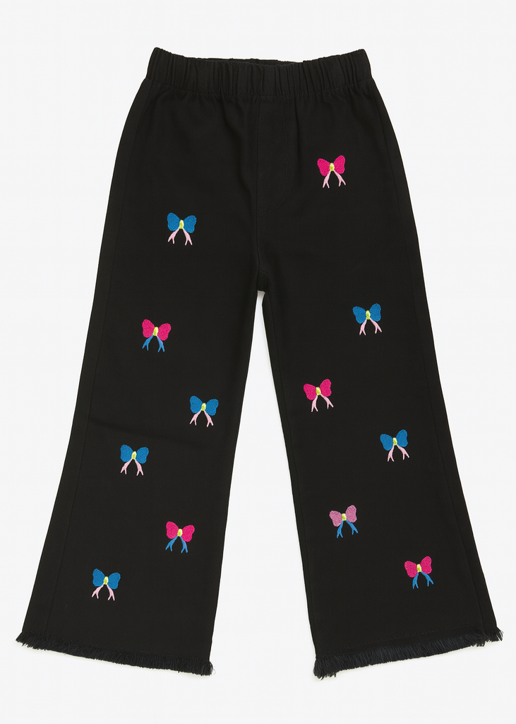 Girls Black Denim Pants with Colorful Bow Embroidery