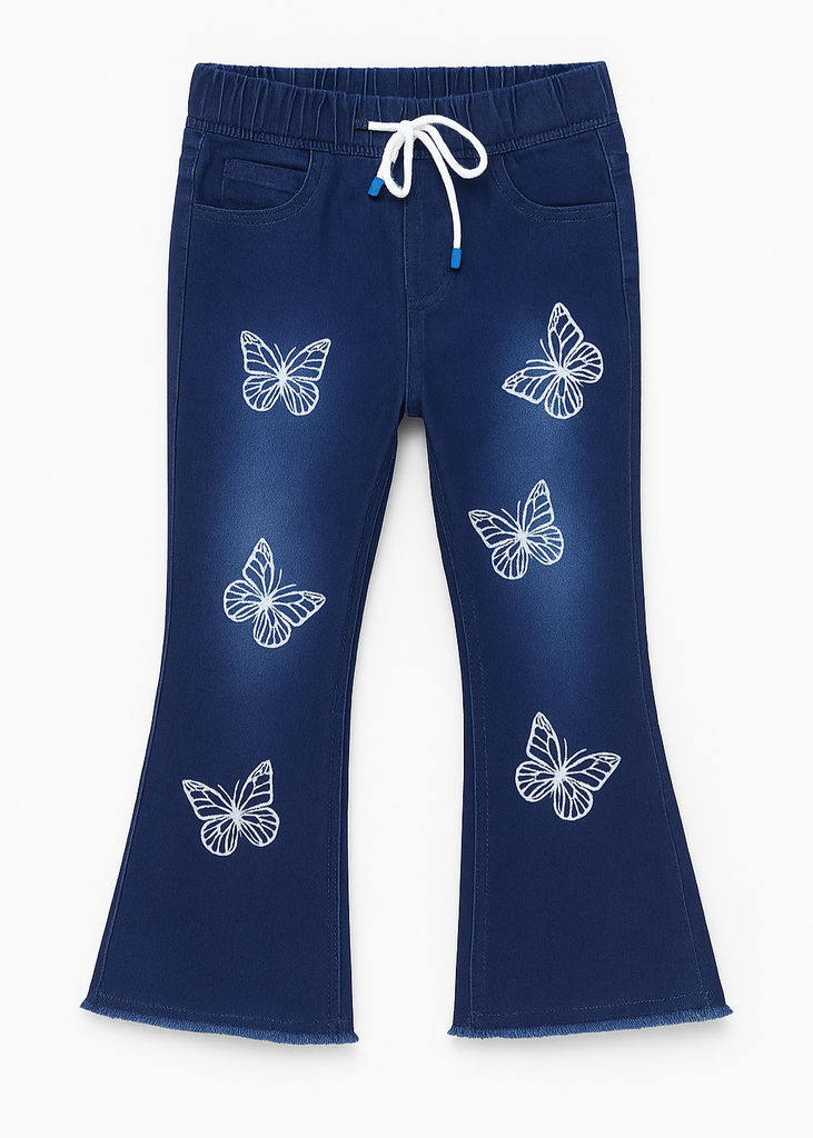 "Girls Navy Blue Denim Pant with White Butterfly Embroidery  ( Imported and Original)
