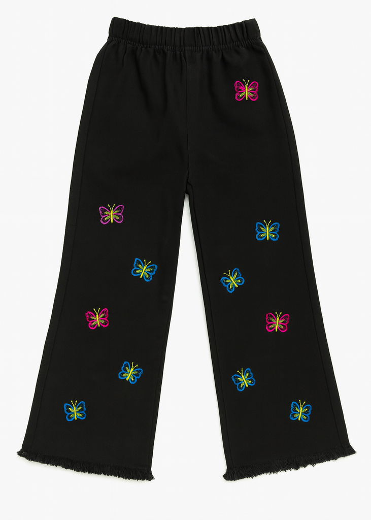 Girls Black Denim Pants with Colorful Butterfly Embroidery