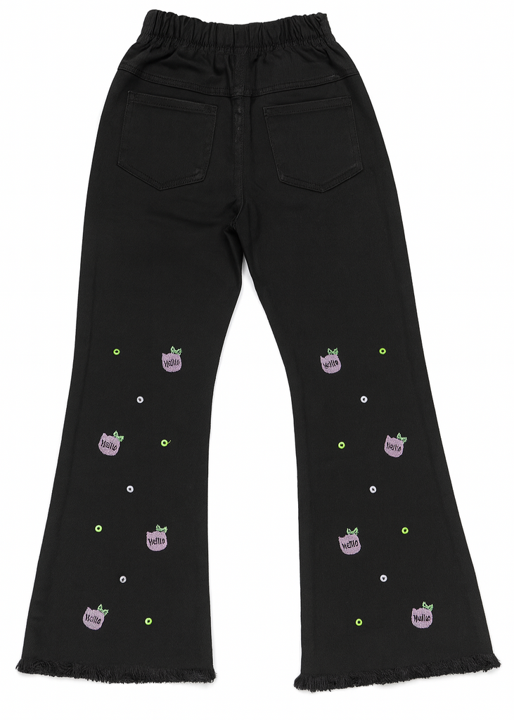 Girls Black Flared Pants with “Hello” Embroidery