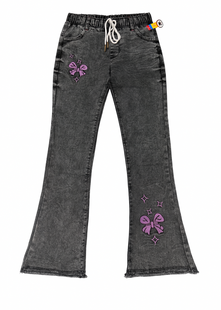 Girls Black Washed Flared Denim Pants – Back Pocket Embroidery  ( Imported and Original)