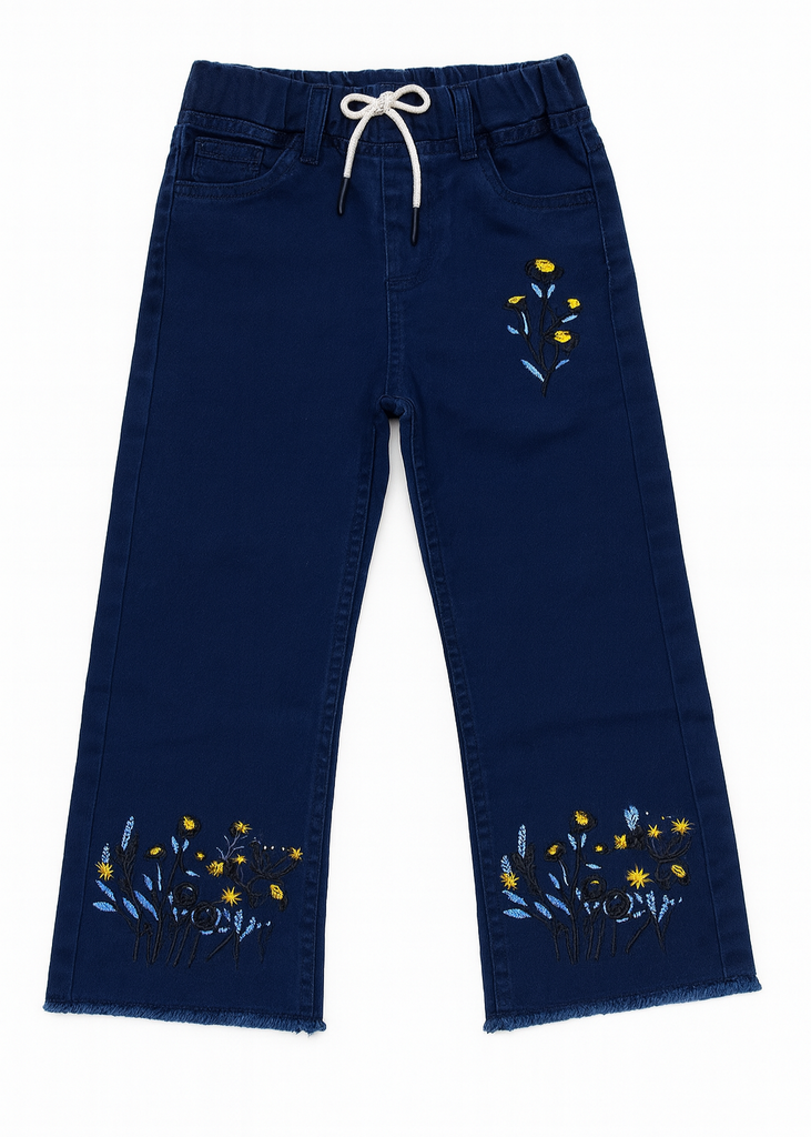 Girls Dark Blue Denim Pants with Yellow Floral Embroidery  ( Imported and Original)