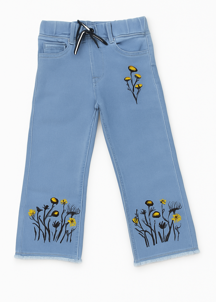 Girls Light Blue Denim Pants with Yellow Floral Embroidery  ( Imported and Original)