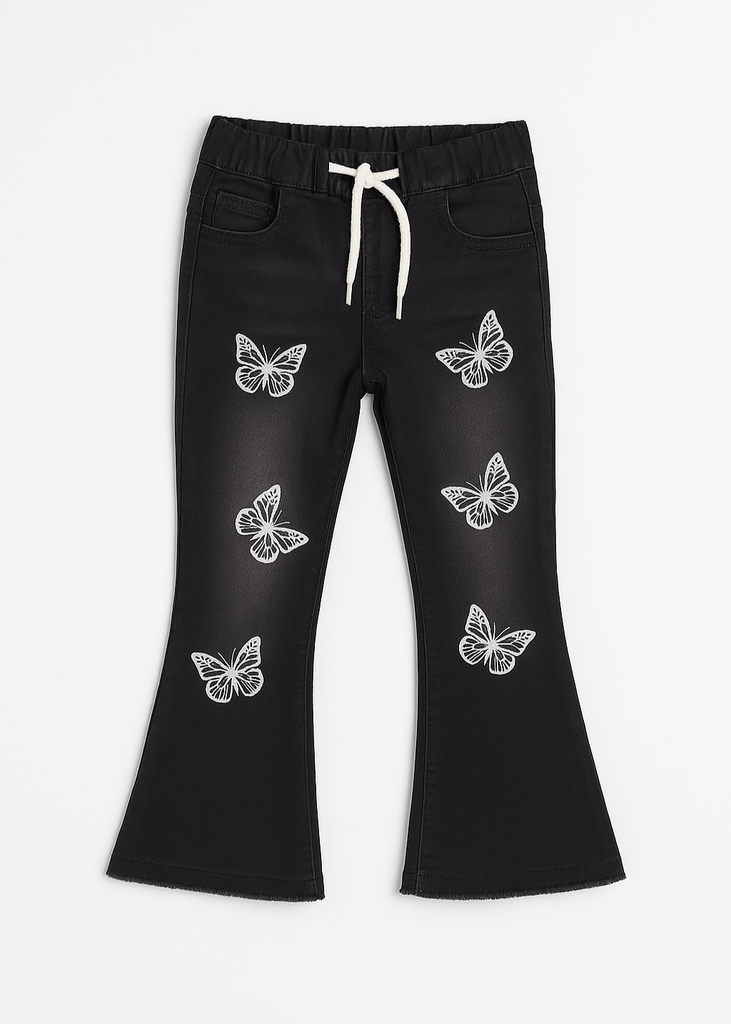 "Girls Black Denim Pant with White Butterfly Embroidery" 🦋👖  ( Imported and Original)