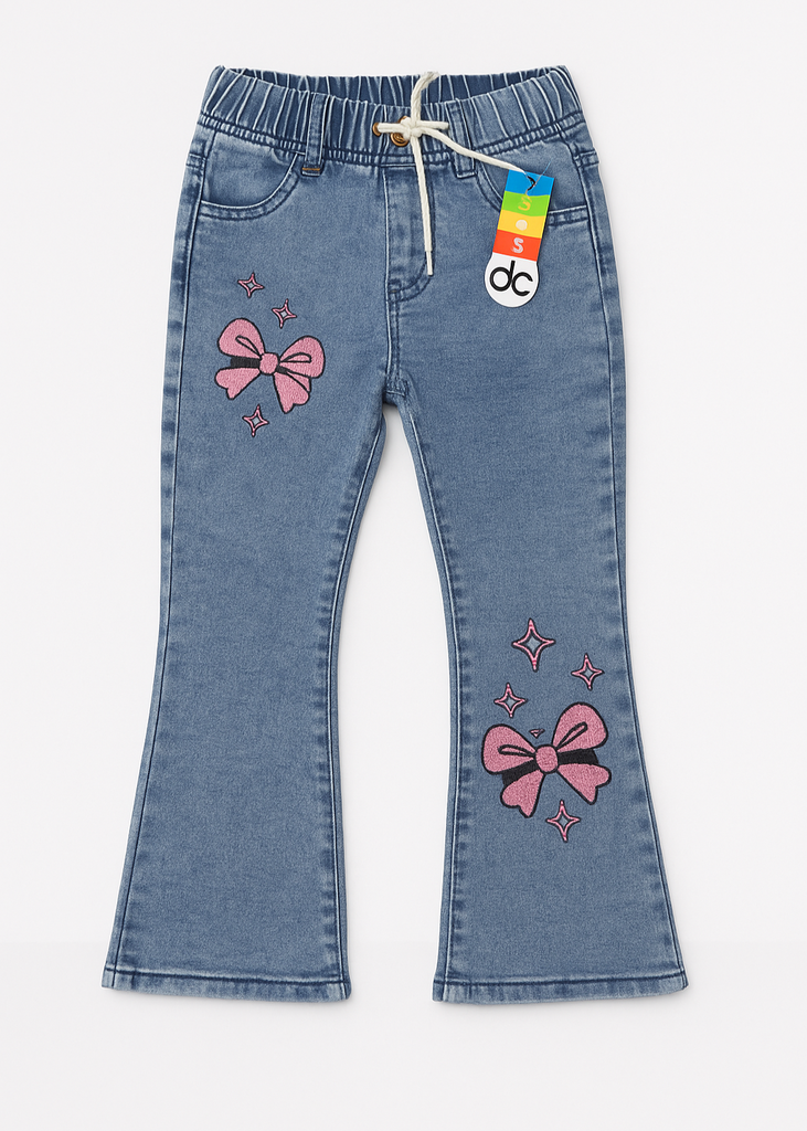 "Girls Light Blue Denim Pant with Pink Bow Embroidery  ( Imported and Original)