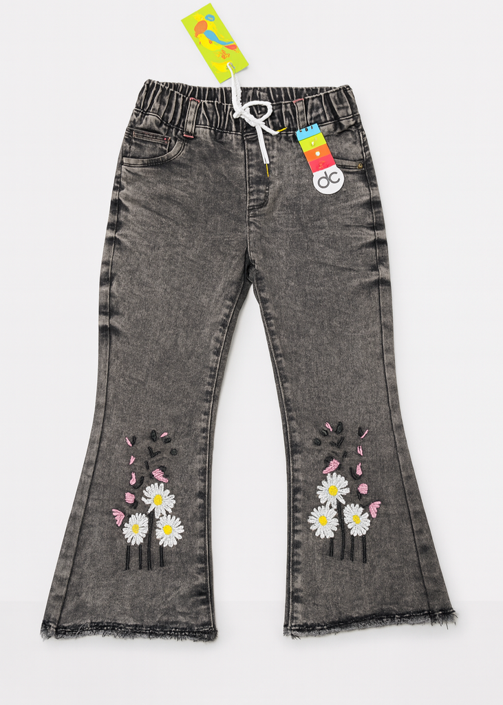 "Girls Black Washed Denim Pant with Daisy Floral Embroidery  ( Imported and Original)