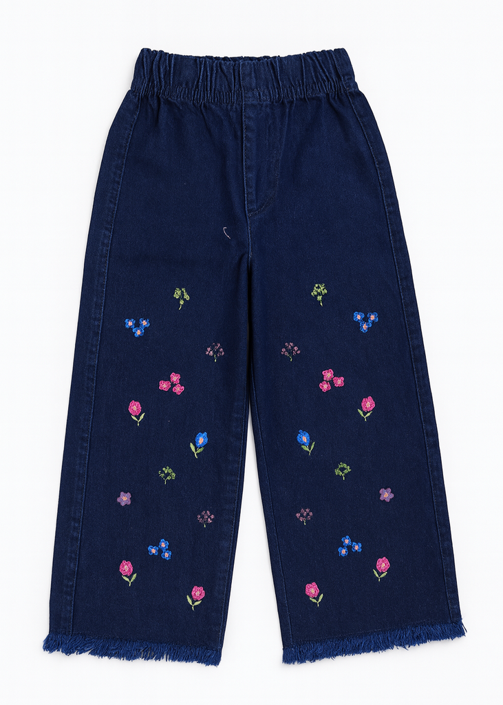 Stylish Wide Leg Flower Embroidery Jeans for Kids
