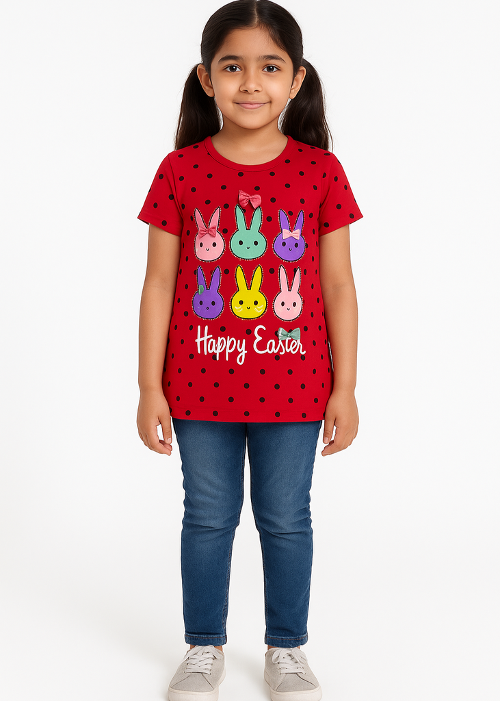 Red happy Easter graphical Tee for Girls