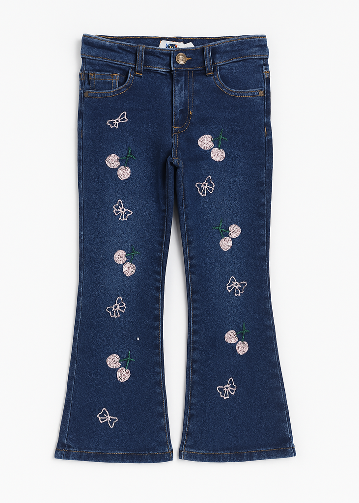 Dark Blue Girls Jeans with Pink Cherry & Bow Embroidery