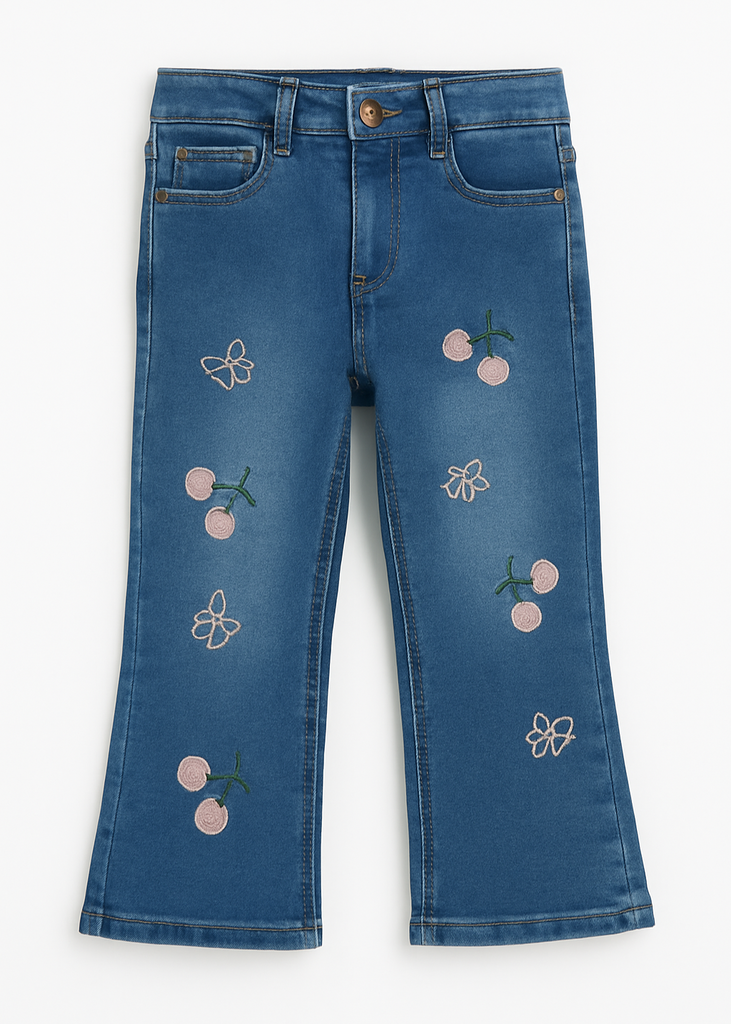 Girls Jeans with Pink Cherry & Bow Embroidery LT Blue