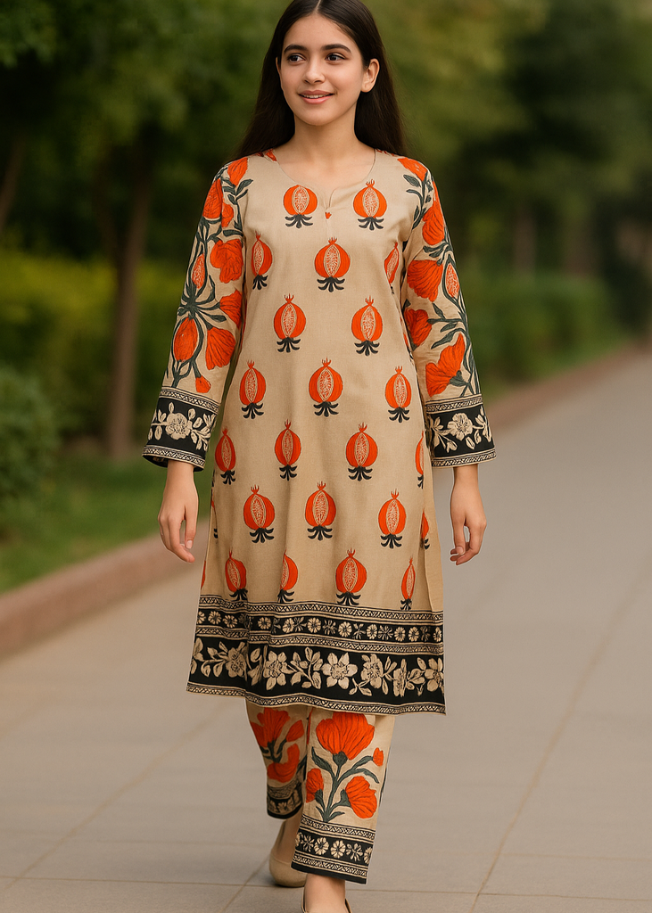 Pomegranate Bloom – Traditional Beige & Orange Printed