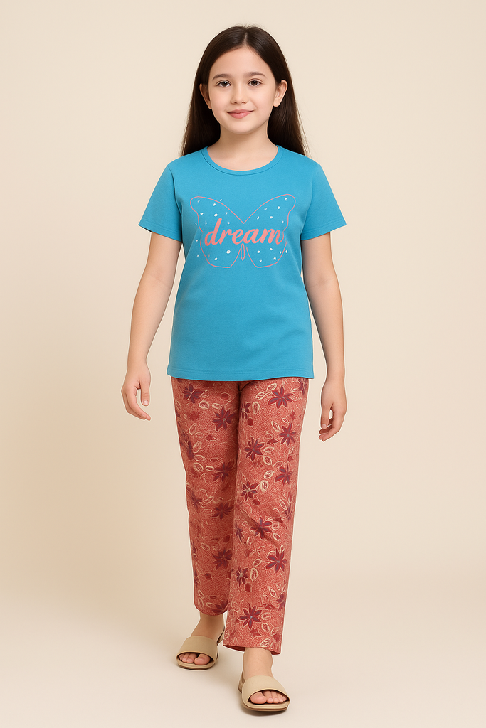 Girls Dream Butterfly Print Night Suit – Cotton Tee & Floral Trouser Set
