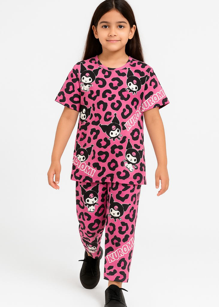 Kuromi Printed Pink Leopard Night Suit for Girls