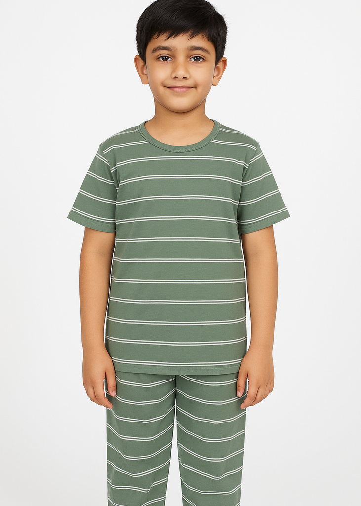 Olive Green Striped Boys' Summer Night Suit