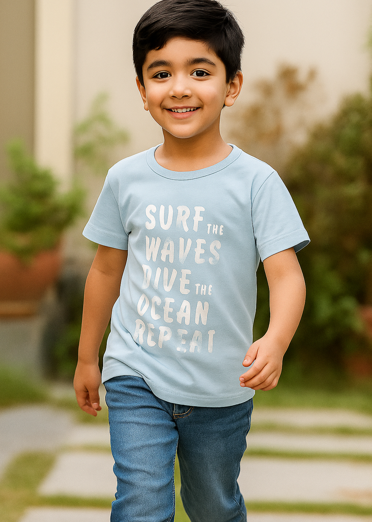 "Boys Surf & Ocean Adventure Tee – Light Blue"" (Imported Material)