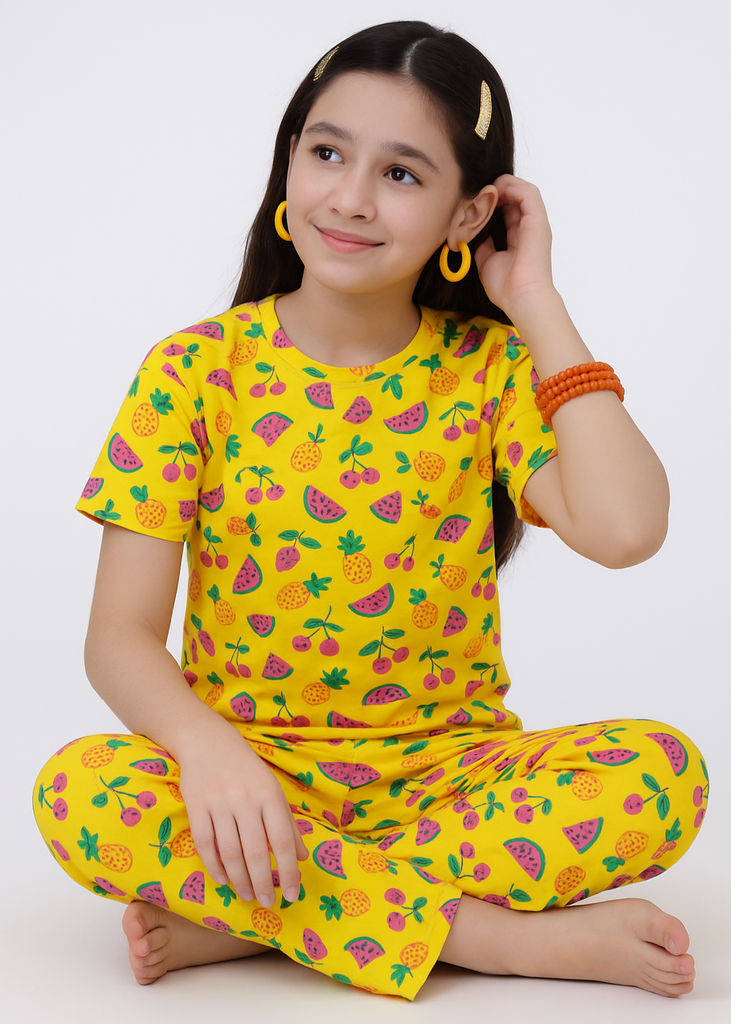 Tropical Fruit Fun – Bright Yellow Kids' Nightwear Set