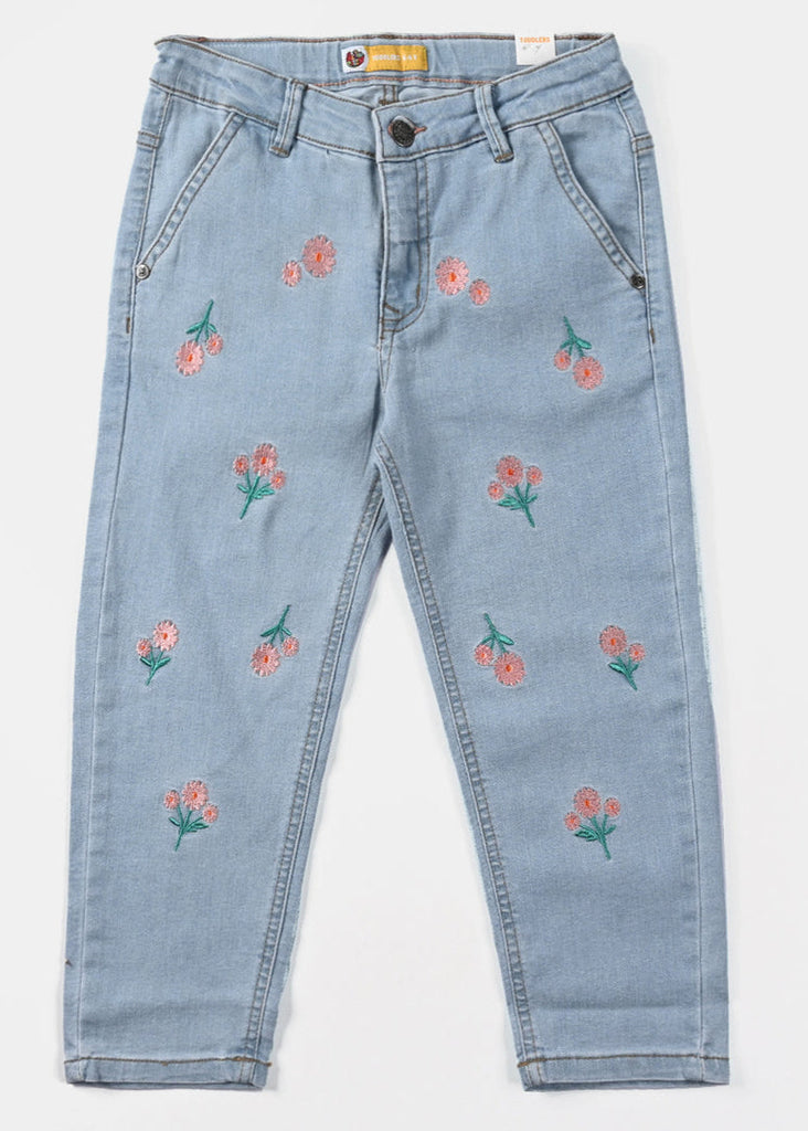 Girls Denim Pant Floral EMB-Ice Blue