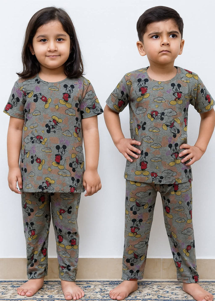 Mickey Grey Printed Night Suit for Unisex – Soft Cotton Comfort
