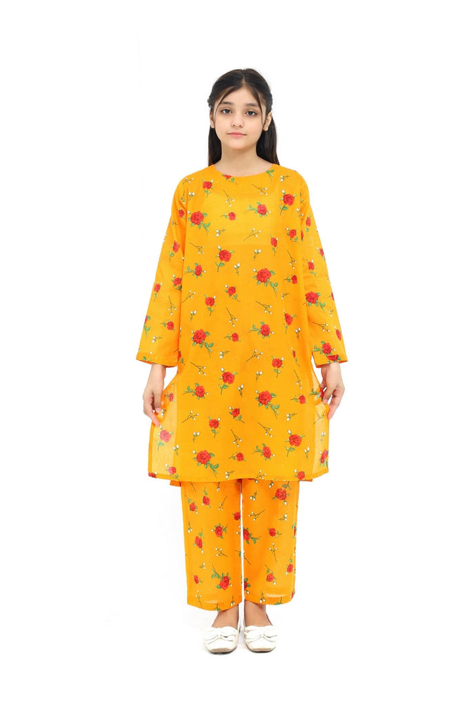 Plum Fine Lawn Mustard Colour Printed Red Green Flowers On 2 pc .suit For Girls.