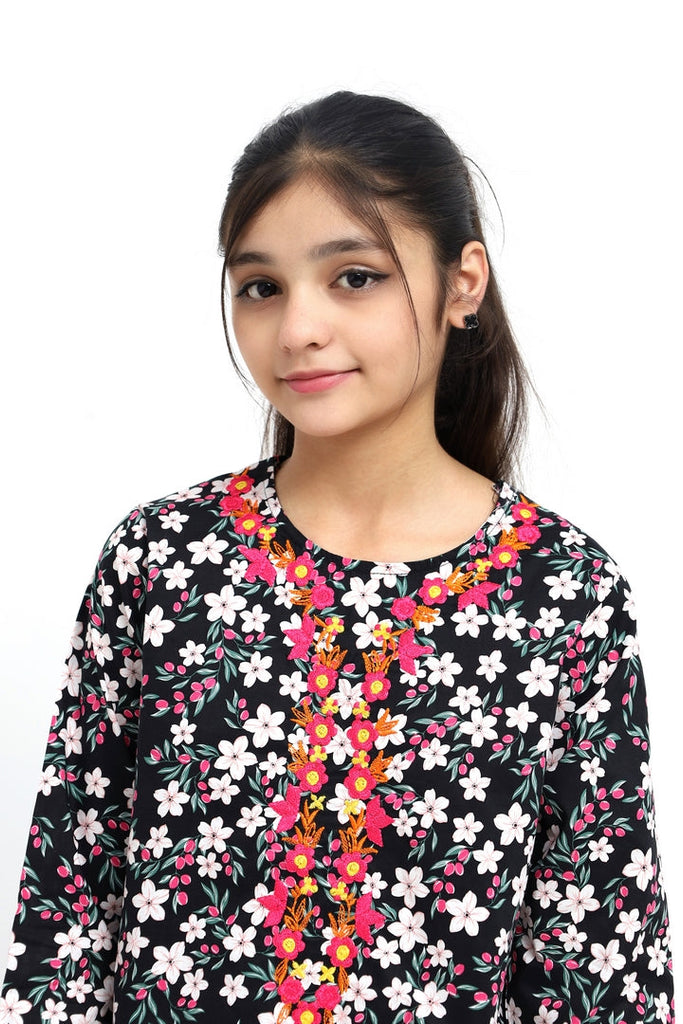 Plum 100% Fine Cotton Print Lawn Black Colour White Pink Flowers Embroidered Pink 2 pc suit For Girls.