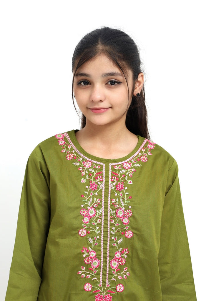 Plum 100% Fine Cotton Olive Green Colour Embroidered Pink Green 2 pc suit For Girls.