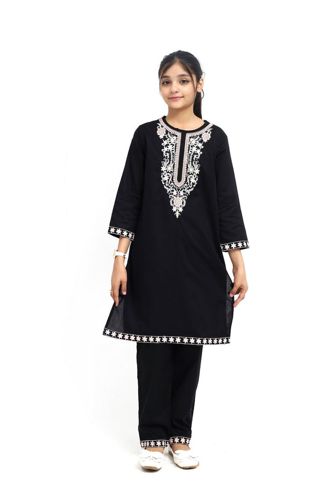 Plum 100% Fine Cotton Black Colour Embroidered White Pink 2 pc suit For Girls.