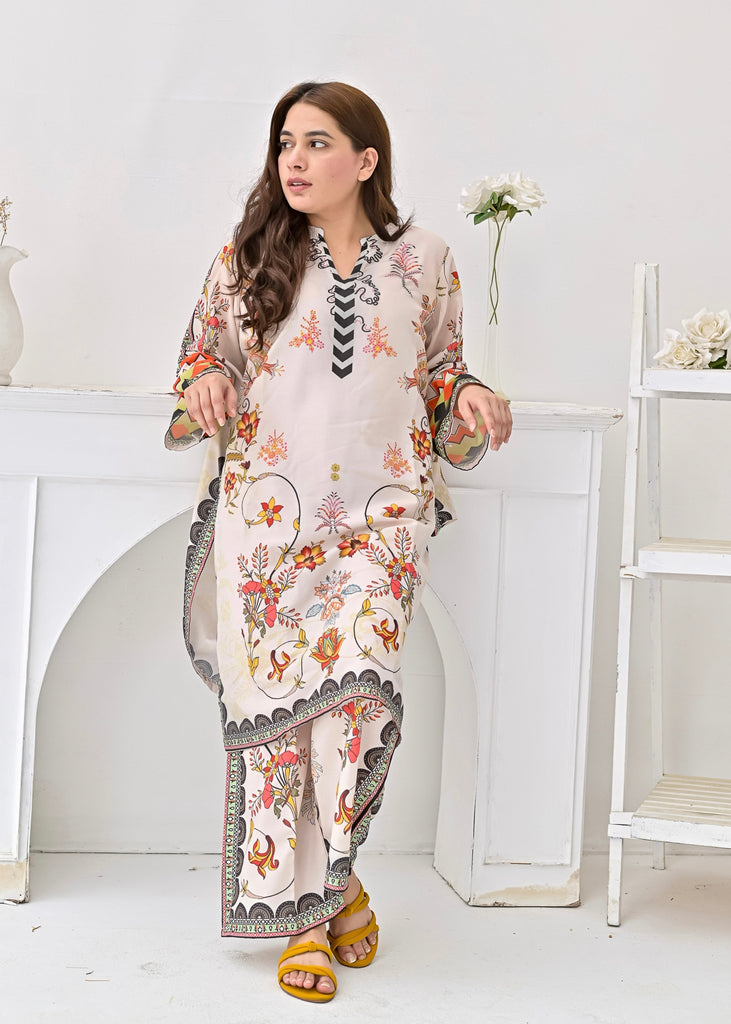 Swiss Fabric 2-Piece Suit – Soft Beige Garden Bloom