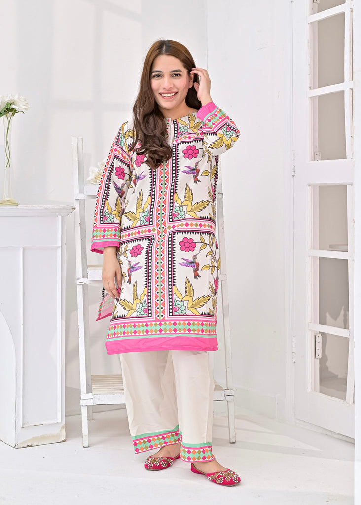 Swiss Fabric 2-Piece Suit – Vibrant Bird & Floral Print