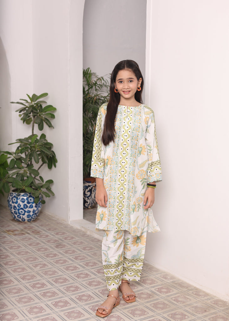 Light Green  White Flower Co-Ord Set (Premium Khaddar Mid - Season Fabric)