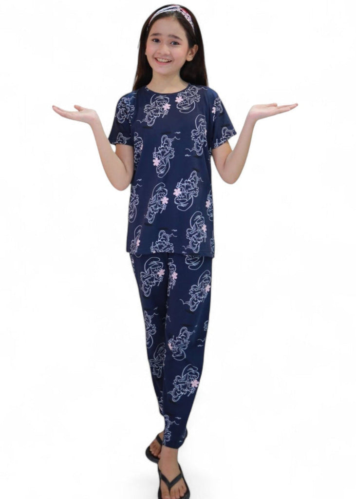 Girl Navy Blue With Pink Flower  Night Suit