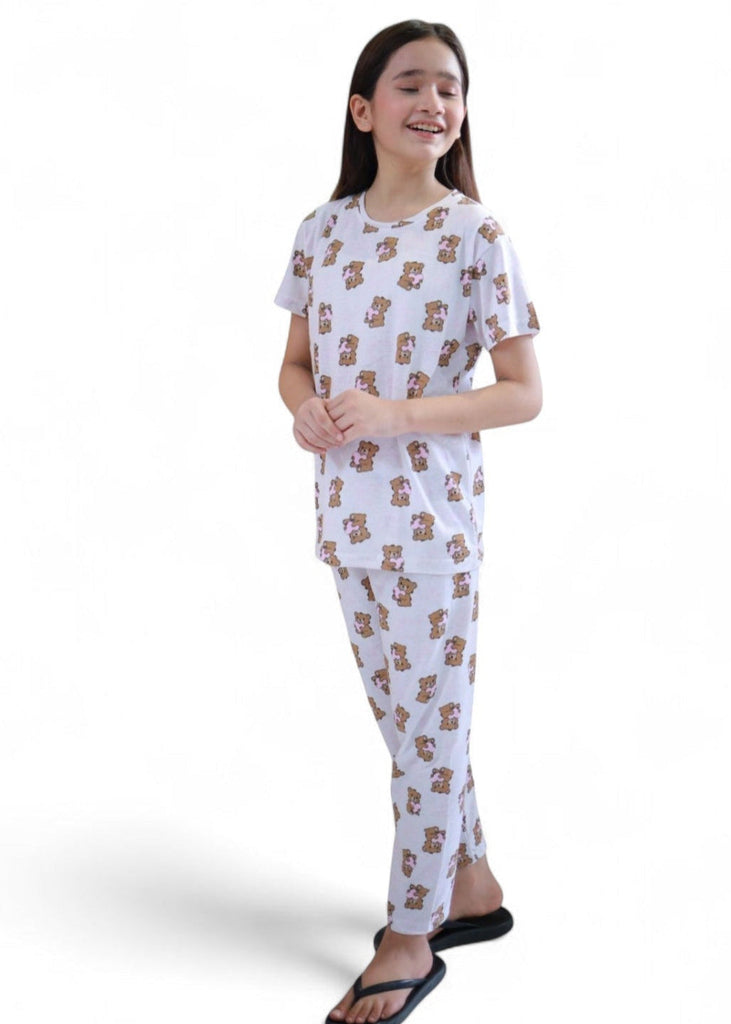Girl White tidy Bear print Night Suit