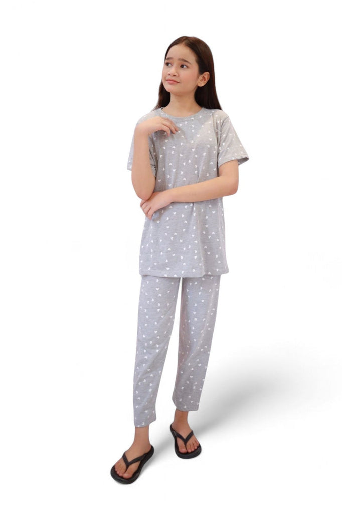 Girl Grey with White Hearts Night Suit