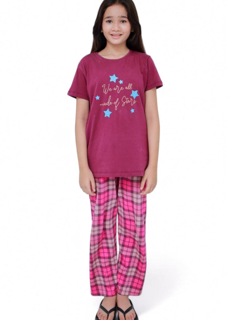 Girls Mahroon star Night Suit