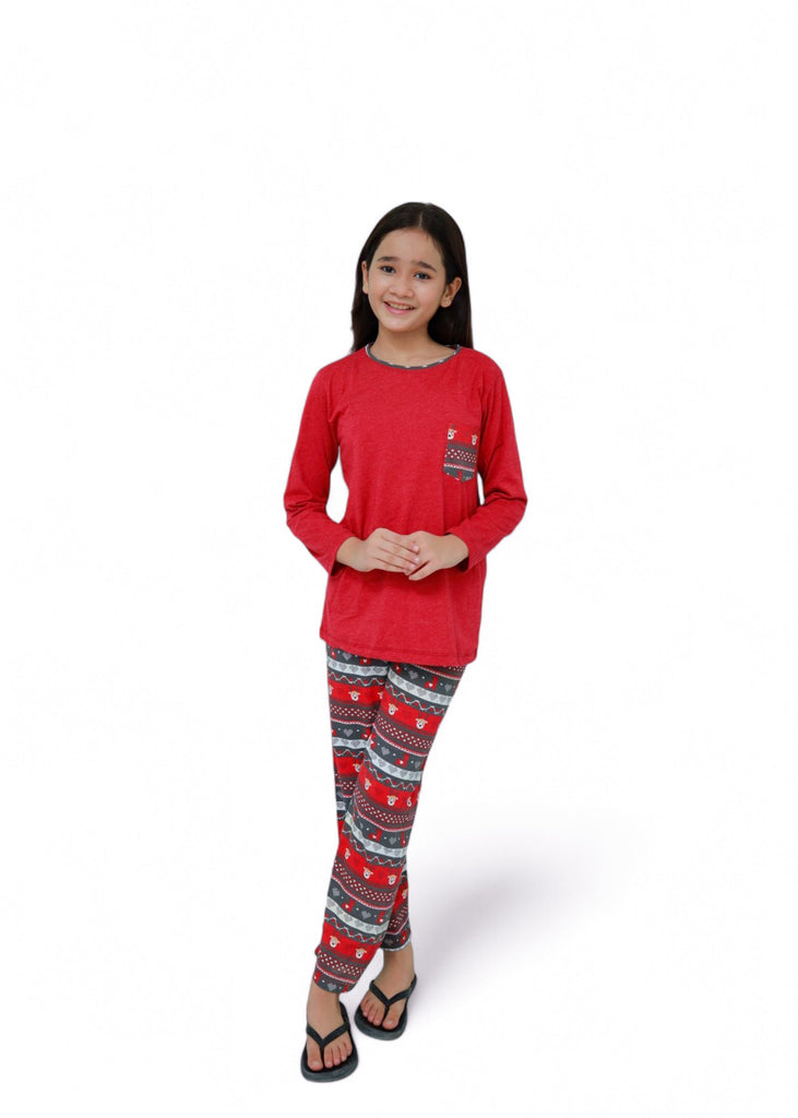 Girls Red-pocket Night Suit-Dark Red