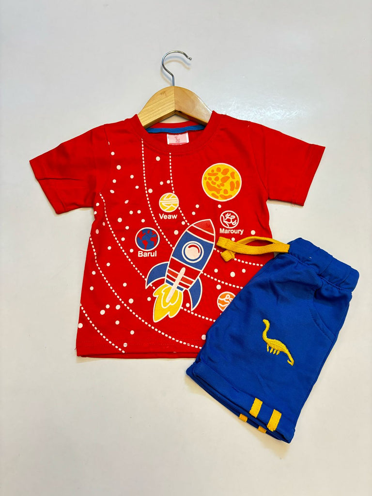 Boys Poly Cotton Jersey Knitted Nightwear-Red and Blue( Aero Shape)