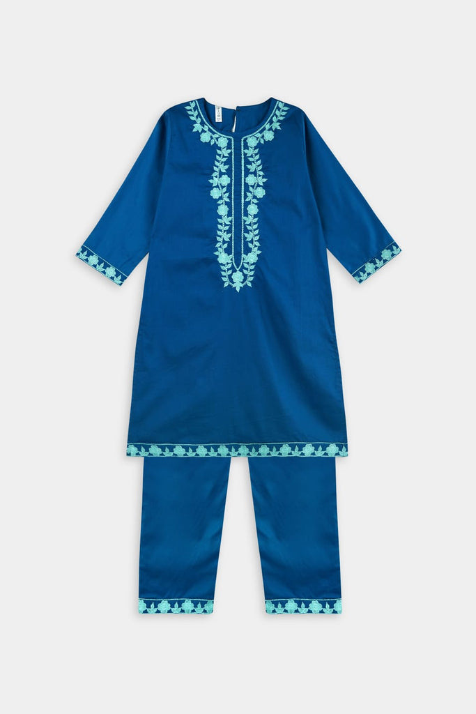 Plum 100% Fine Cotton Teal Colour Embroidered Sea Green 2 pc suit For Girls.
