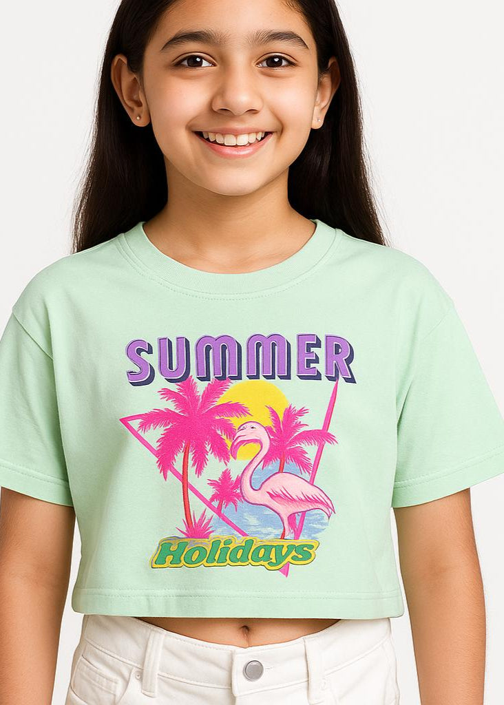 Mint Green Flamingo Print Crop Top for Girls (Imported Material)
