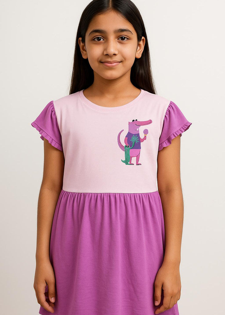 Lilac & Pink Cartoon Print Frill Dress (Imported Material)