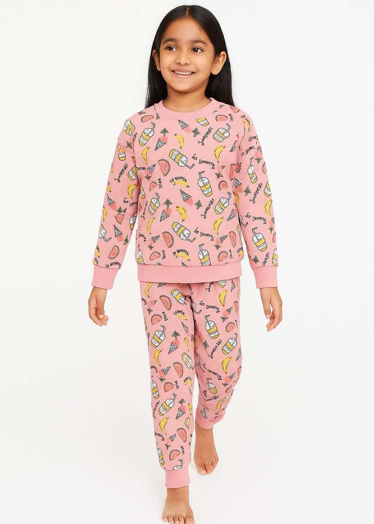 Girls Pink Fruit Print Pure  Fleece Tracksuit”