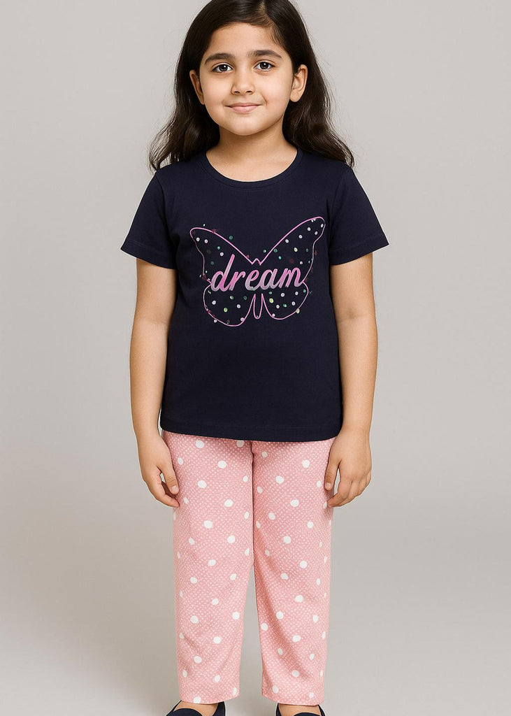 Girl Black T-Shirt With pink Butterfly  Night Suit